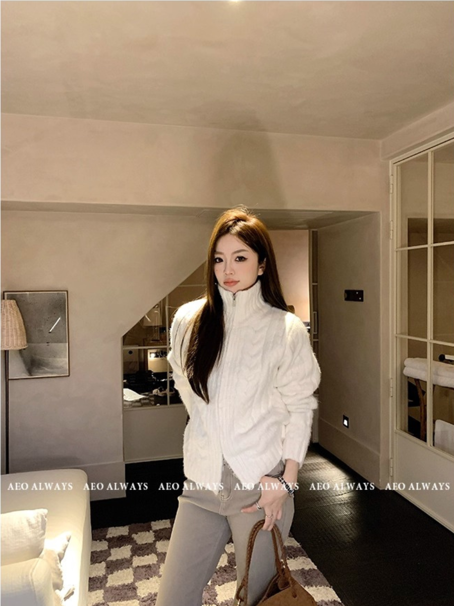 Áo Len Vặn Thừng Có Khoá Kéo