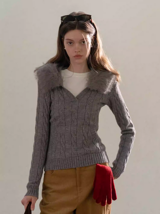 Áo Len Vặn Thừng Mũ Lông