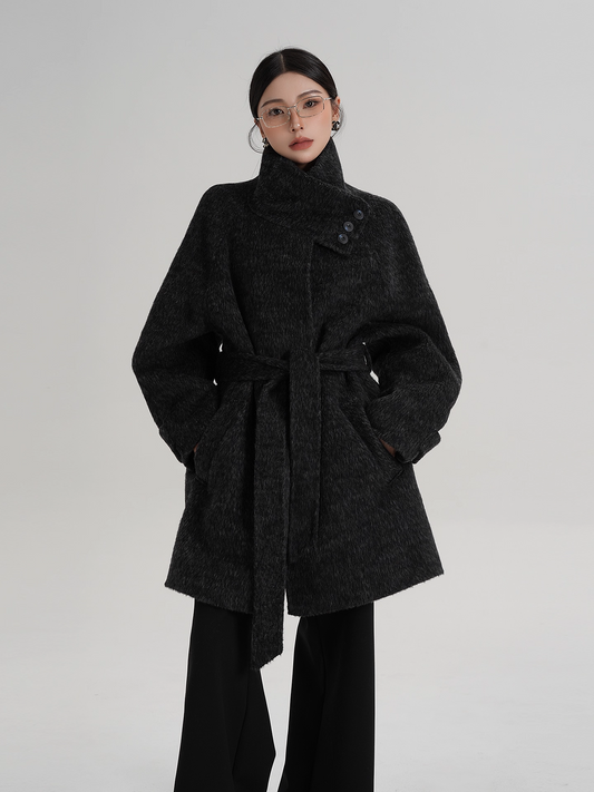 Áo Khoác Dạ Cổ Dựng Thắt Đai