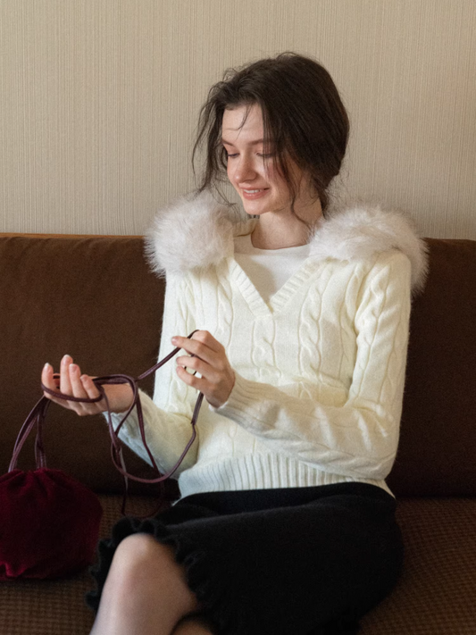 Áo Len Vặn Thừng Mũ Lông