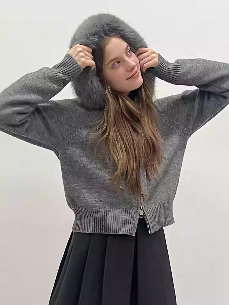 Áo Khoác Len Mũ Lông