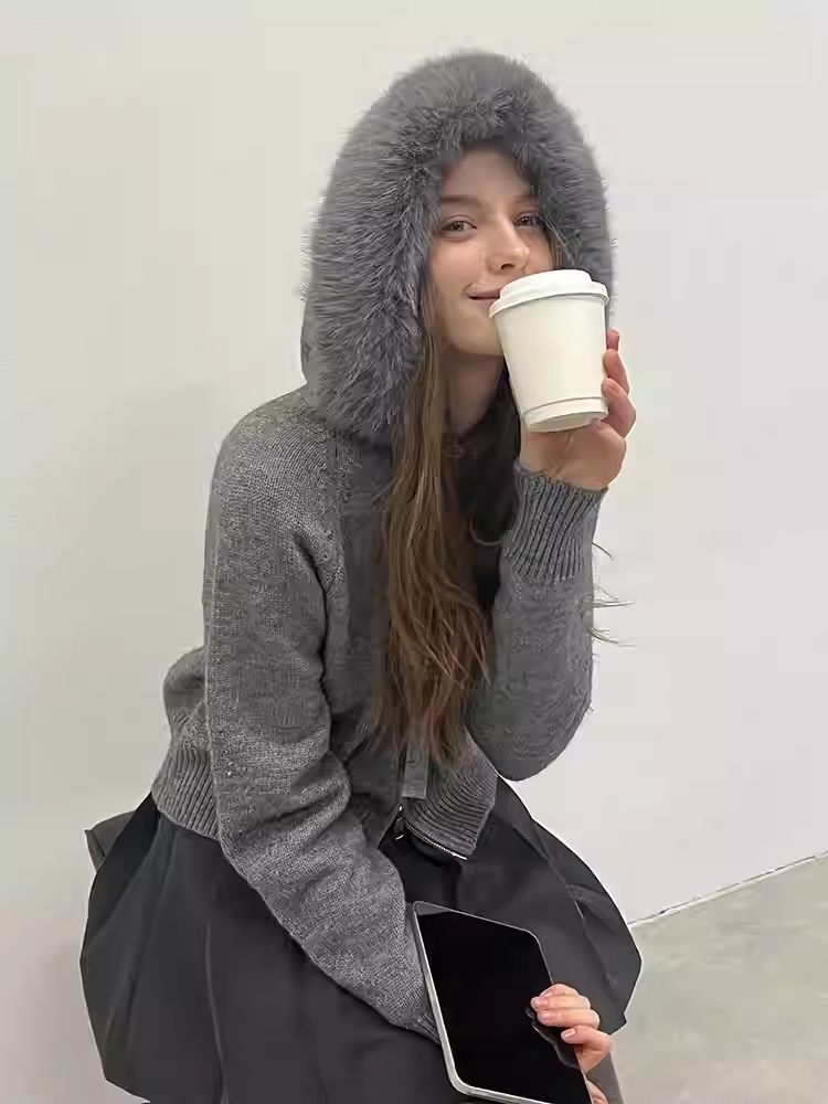 Áo Khoác Len Mũ Lông